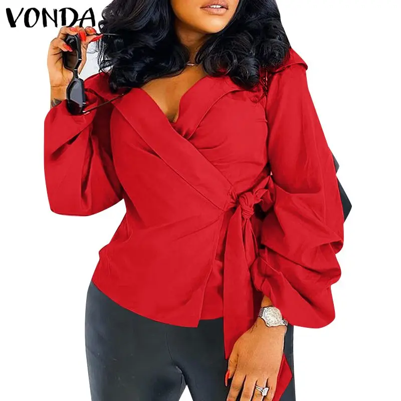 

Women Elegant Office Shirts 2022 VONDA Spring Long Sleeve Belted Blouse Deep V Neck Sexy Tunic Tops Blusas Femininas