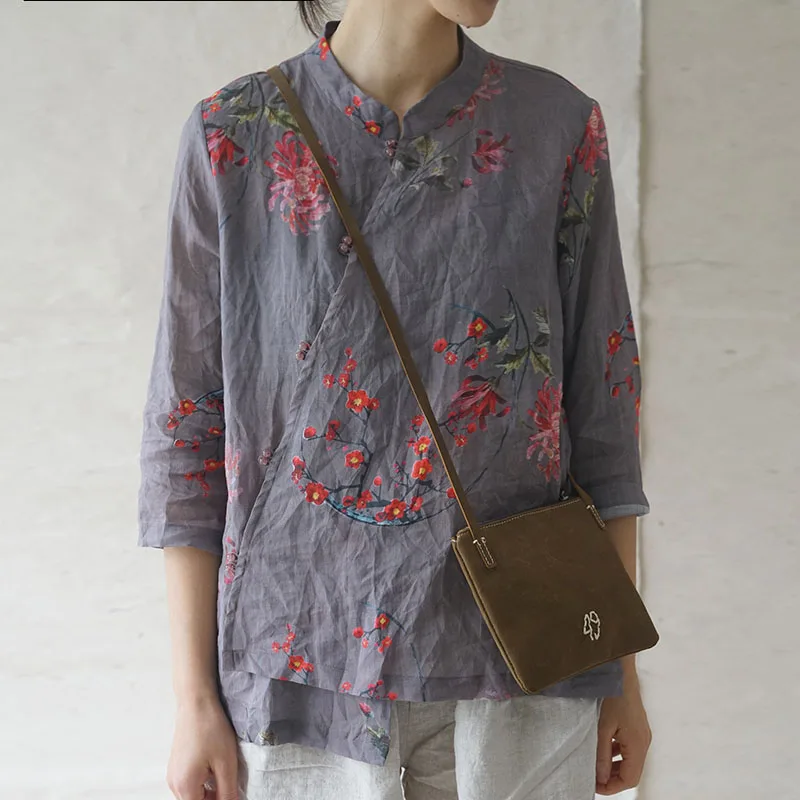 Рубашка женская Johnature свободная из хлопка и льна с подставкой пряжкой принтом