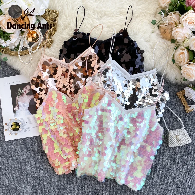 Женский жилет Camis хит продаж сексуальный тонкий Топ с блестками милые короткие