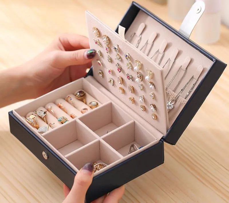 

Jewelry Box Portable Double Layer Jewelry Organizer Princess European Korean Earrings Ring Hand Jewelry Storage Box Display Case