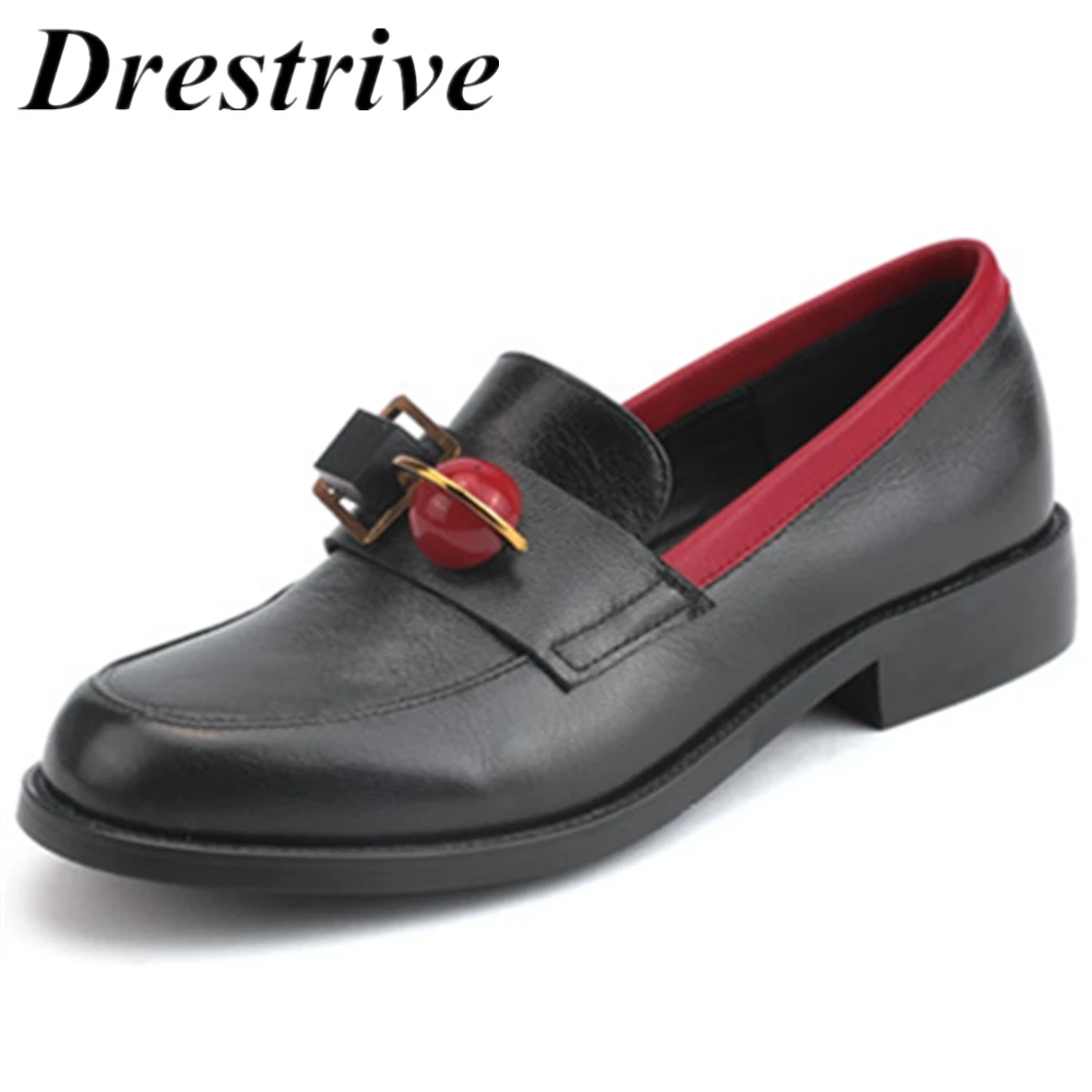 

Drestrive Women Pumps Low Heels 2020 Spring Genuine Leather Round Toe Slip On Female Casual Shoes Black Cow Leather Round Toe
