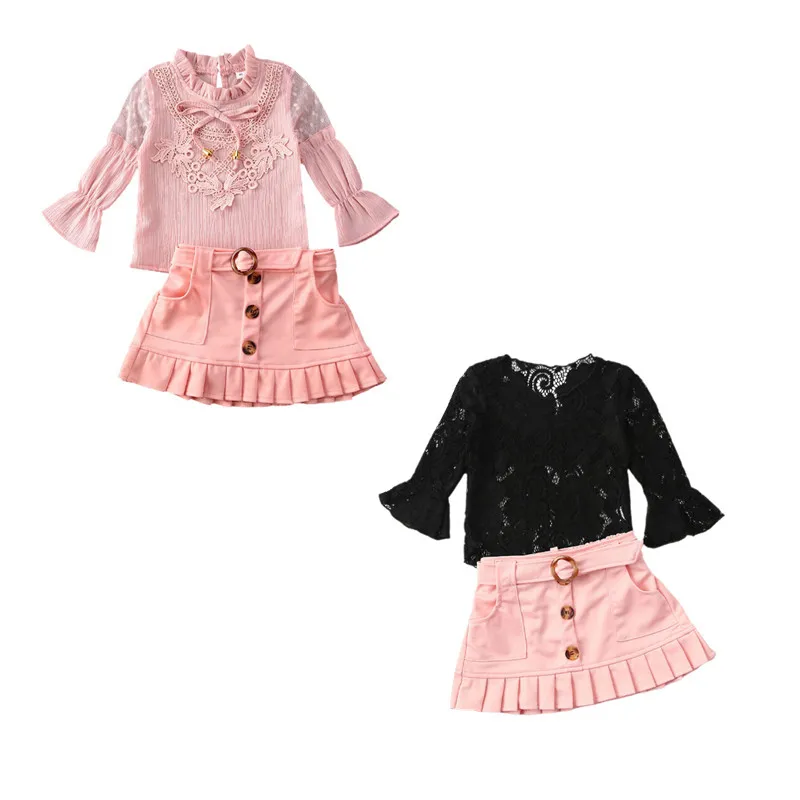 2 шт. кружевная футболка с рукавом и юбка трапеция|Комплекты одежды для девочек| |