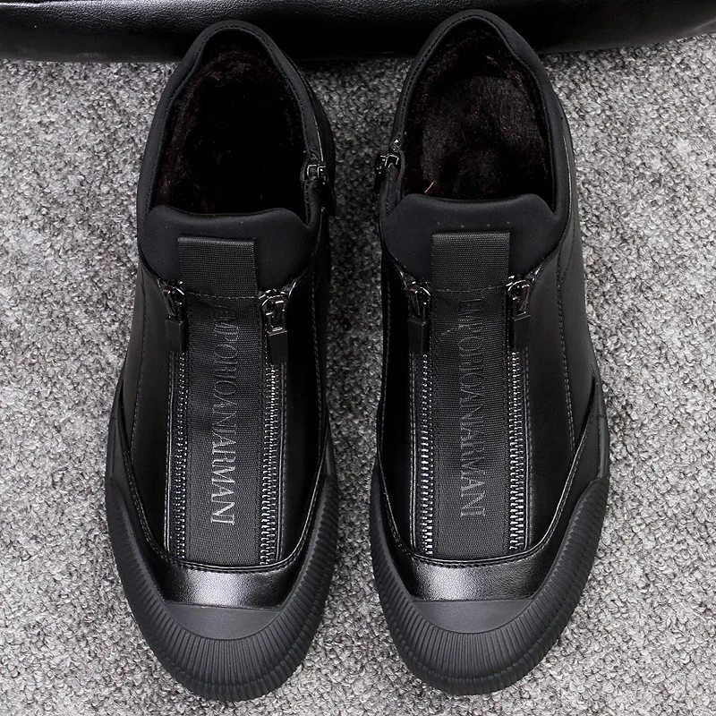 

Original Casual Sneakers For Male Black Zip Leather Men Shoes Brand Designer Winter Youth Men Sneakers With Fur Walking Footwear