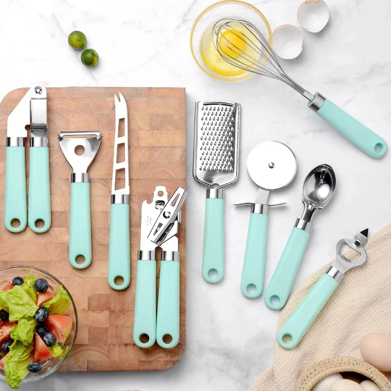

9PCS Plastic Handle StainlessSteel Kitchen Appliance Gadget Tool Set Can Opener PIZZA Cutter Cheese Melon Planer Ice Cream Scoop