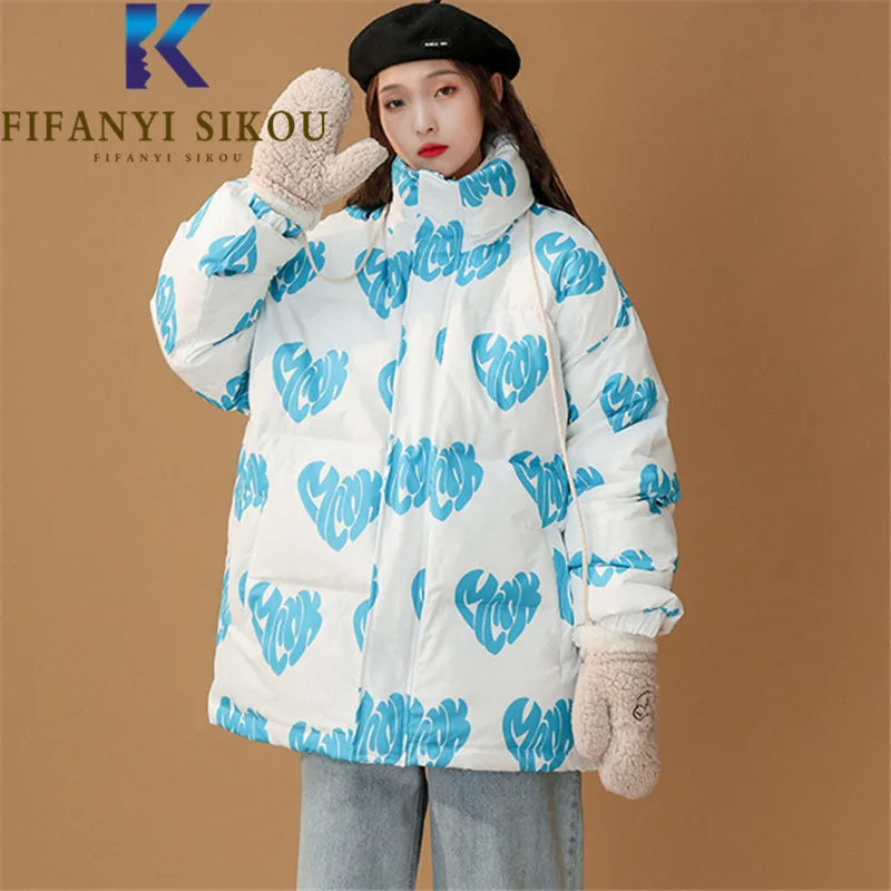 Fashion Print Down Jackets Women Thick Warm High Quality Short Parkas Loose Zipper Cotton Coat Female Casual Winter Jacket