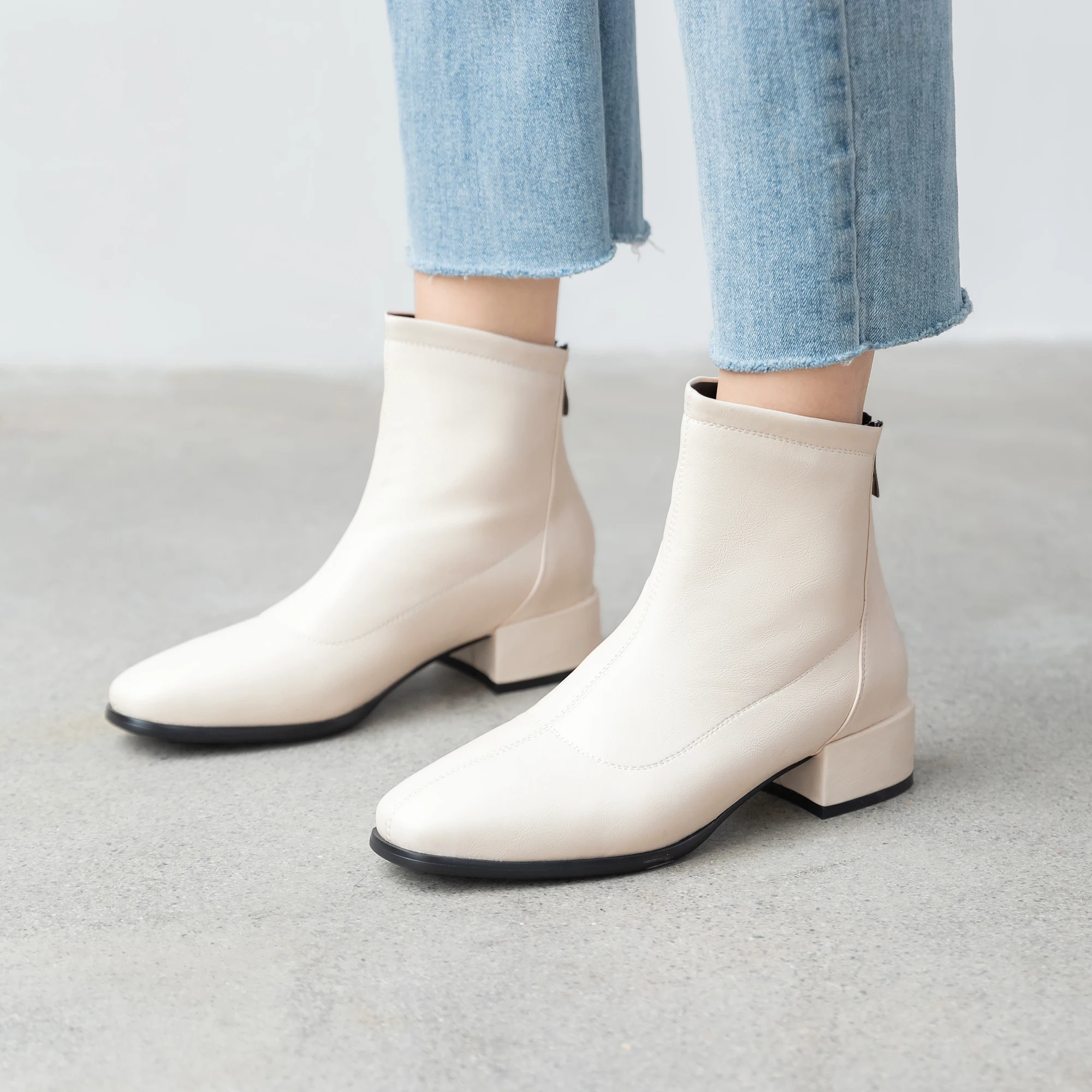 

Black white ankle boots for women low heel Short boots Ladies spring autumn shoes