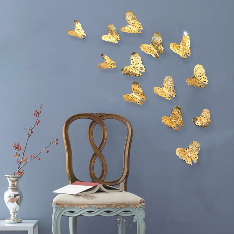 12pcs/lot 3D Mental Golden Buterfly Wall Stickers Butterfly Decoration Home Living Room Decal Magnet Crafts Holiday - купить по