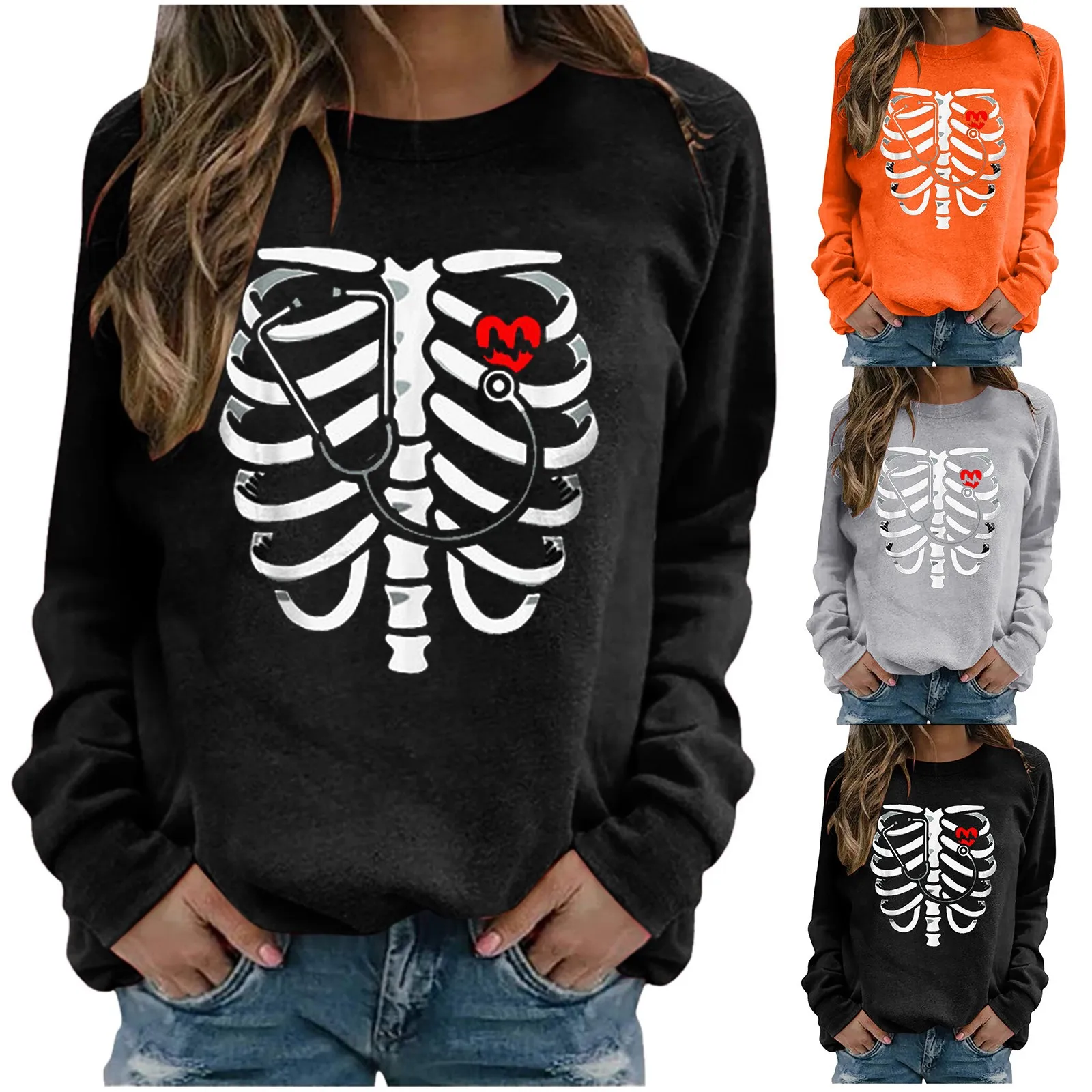 

Women Casual Sweatshirt Halloween Skeleton Printing Long Sleeve Loose Tops Sweatshirt Hoodie Pullover Autumn Warm Hoodies