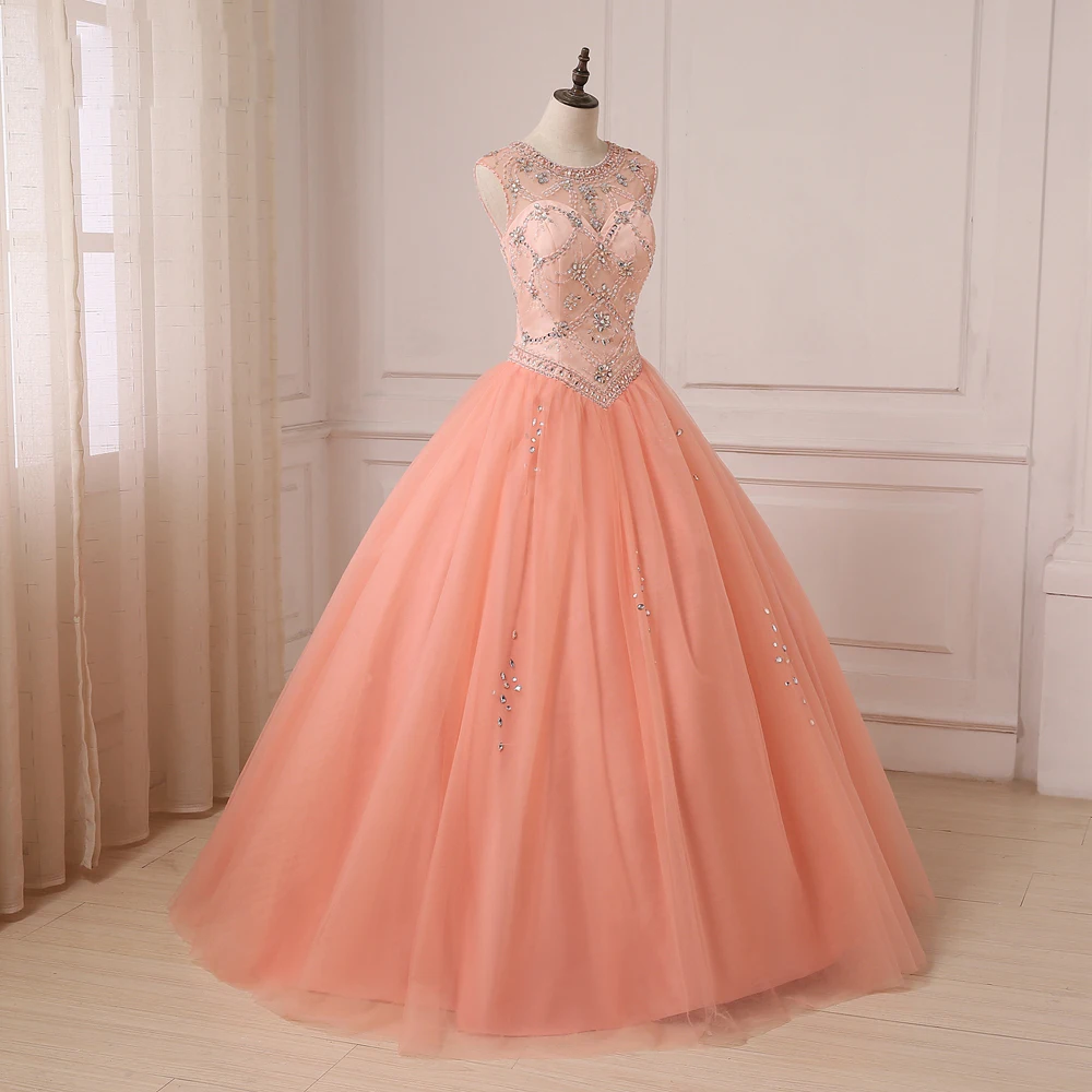 2020 платье Quinceanera коралловый Глубокий круглый вырез без рукавов с бисером Стразы