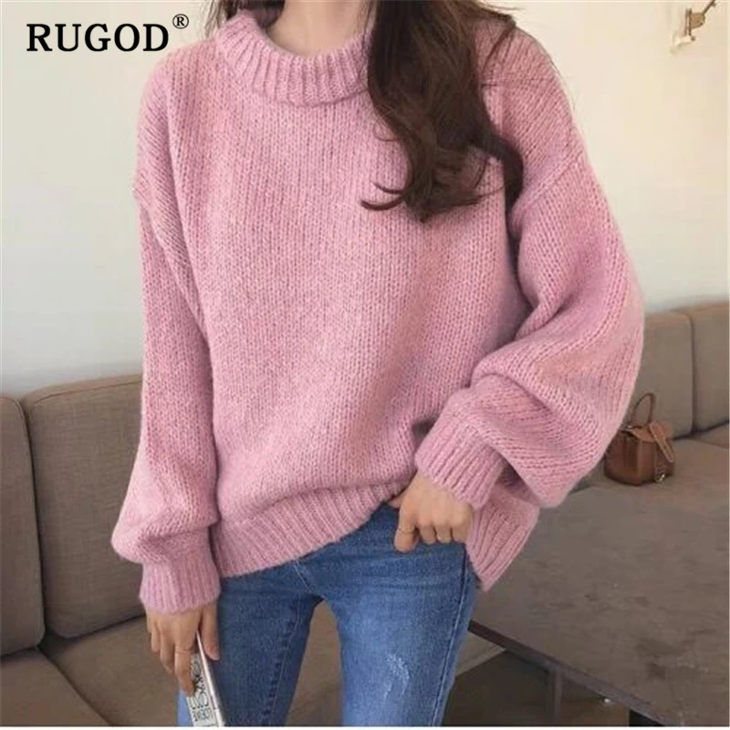 RUGOD Korean oversized sweater Fashion ins solid round neck long sleeve knitted pullovers Vintage mutil color auturm winter coat | Женская