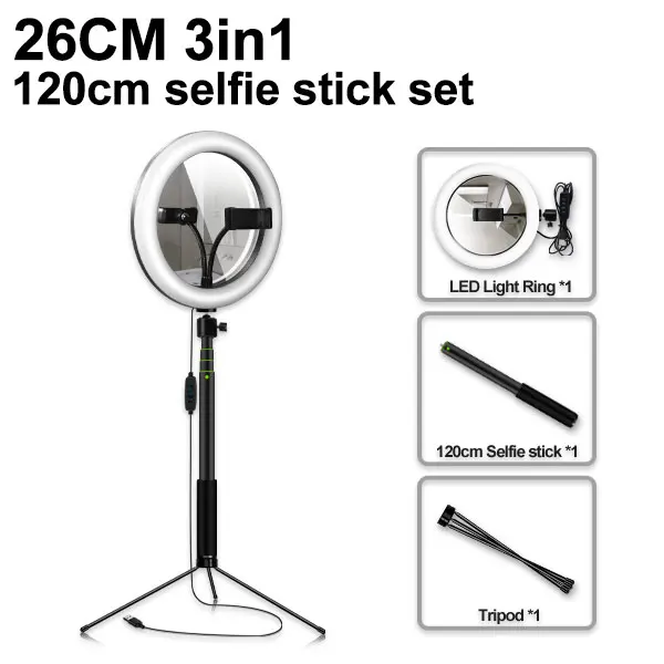 26CM type 3 in 1 10 дюймов 26 см светодиодная кольцевая лампа для селфи,фотосъемки, Yutube Live Video с штативом трипод, телефонным держателем и зеркалом - Цвет: 26CM type 3 in 1
