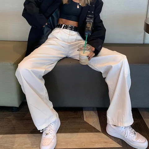 Fashion Pocket White Women's Jeans Streetwear High Waist Jeans Vintage Straight Harajuku 2021 Denim Pants Cargo Pants