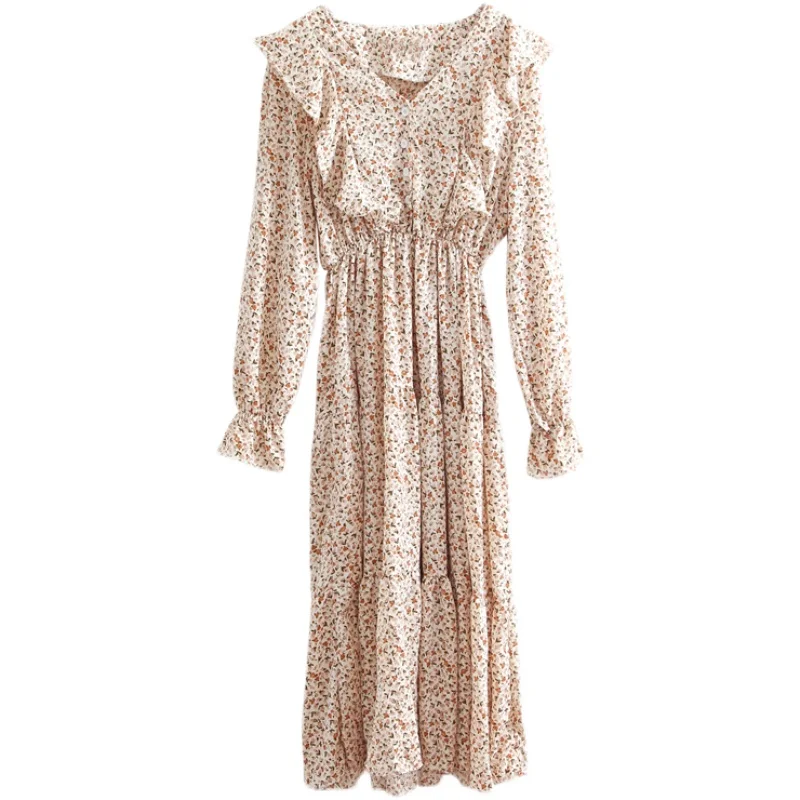 

COIGARSAM Full Sleeve Women dress Spring Chiffon Floral Print V-Neck Dresses Black Apricot 22550