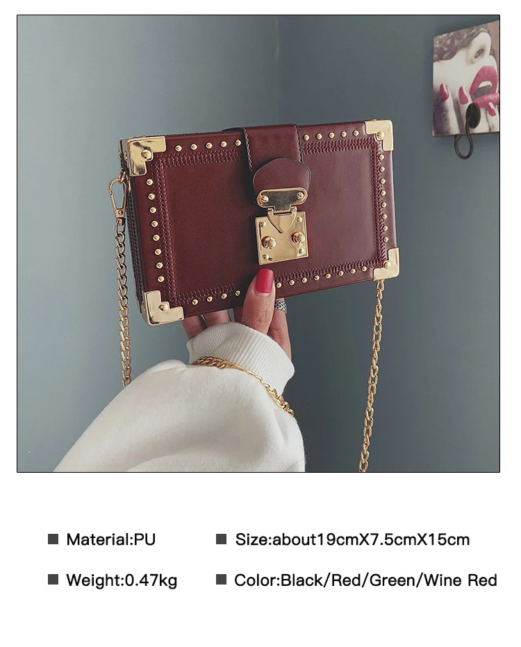 Fashion Vintage Rivet Designer Bag Box Style Buckle PU Women Clutch Bag Chain Purse Shoulder Bag Crossbody Small Flap Handbag