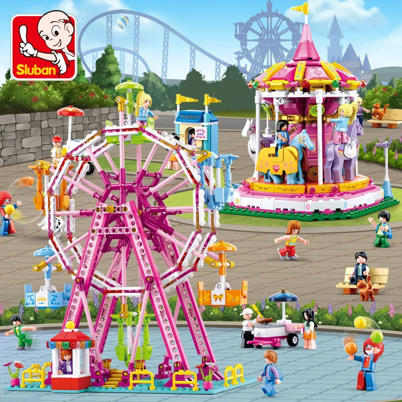 

SLuban 760pcs+ Street View Amusement Park Carousel/Ferris Wheel Building Block House Model Toy For Girls Christmas Birthday Gift