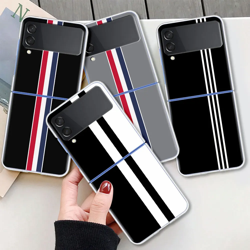 

Sports Brand Stripes Case For Samsung Galaxy Z Flip 3 5G Transparent Hard Cell Phone Cover ZFlip Clear PC Luxury Shell Coque