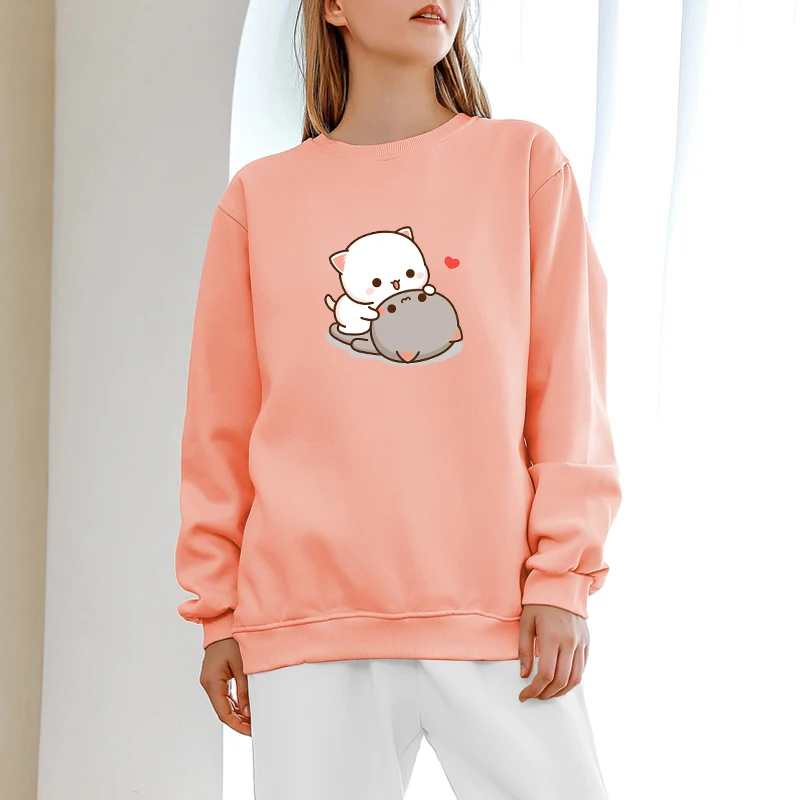 

Plus Size Cotton Hoodie Girls Cute Kawaii Crewneck Pullover Cat Sweatshirt for WomenLong Sleeve Thick Soft Hooded Tops 2021