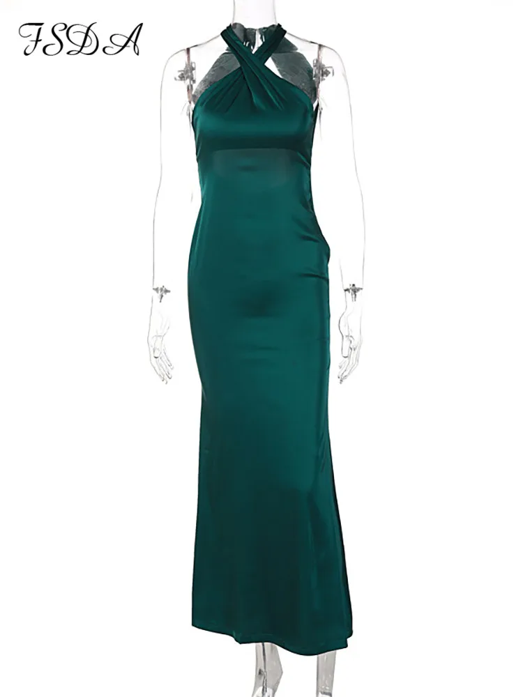 FSDA Maxi Green Satin Sleeveless Elegant Party Dresses Backless 2022 Summer Black Off Shoulder Sexy Club Bodycon Dress Women images - 6