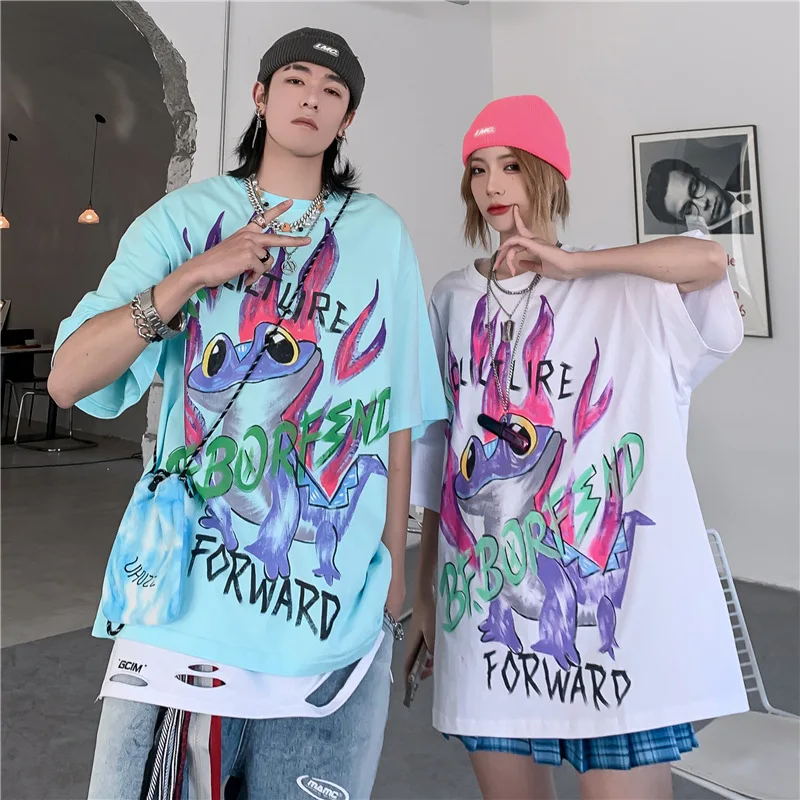 

Уличные хипстерские летние модные футболки для пар, топы, футболки в стиле хип-хоп с мультяшным принтом и коротким рукавом для мужчин и женщ...