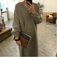 casual loose long sweater dress fall winter minimalist v neck knit thick females dress korean oversize solid color robe sweater