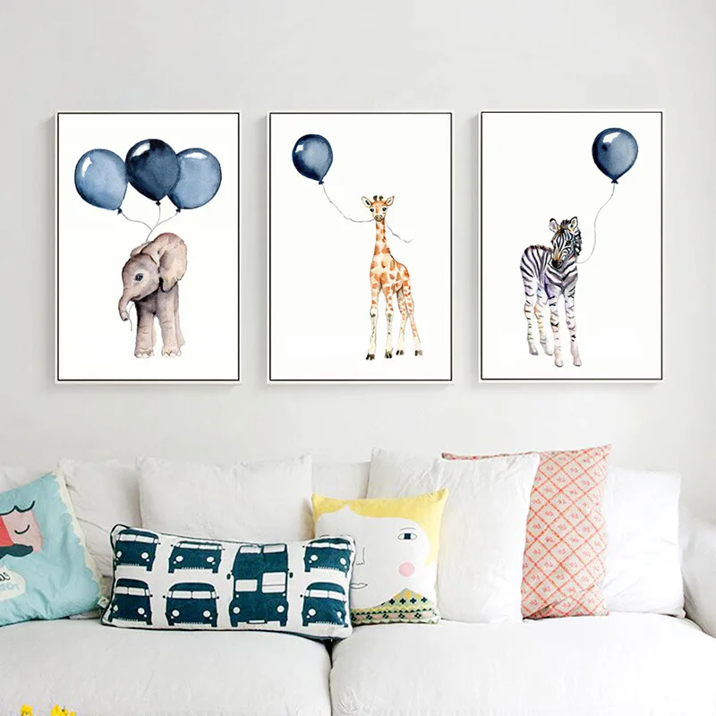 

Nordic Style Modern Minimalist Creative Cartoon Blowing Balloon Animal Decoration Painting Children's Room Canvas Painting