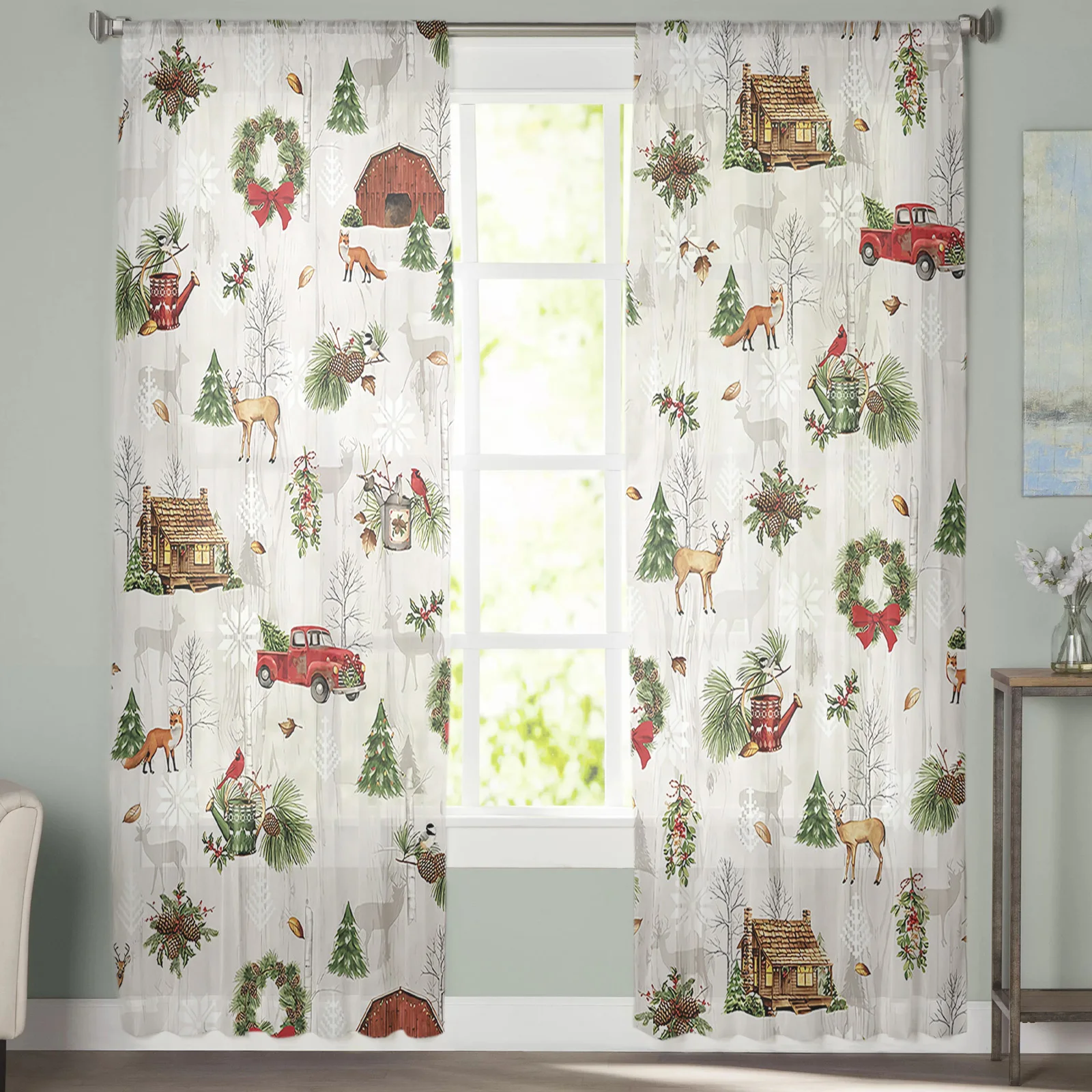 Рождественские красные прозрачные шторы в стиле ретро с грузовиком