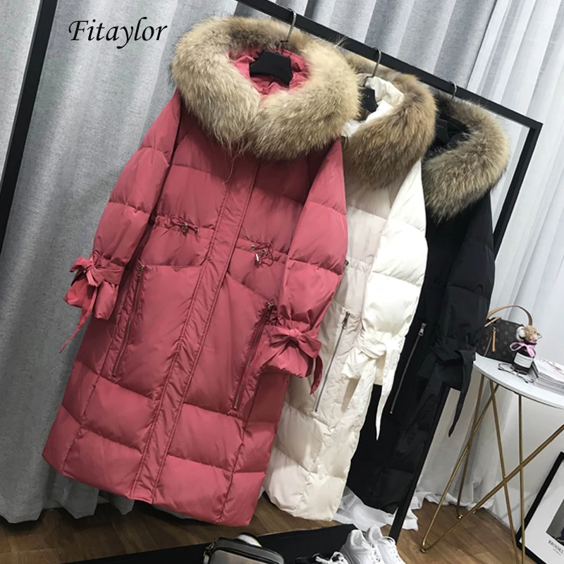 Fitaylor большой воротник из натурального меха теплая куртка с капюшоном Длинные парки для женщин 90% белый утиный пух парка зимняя свободная Толстая зимняя верхняя одежда