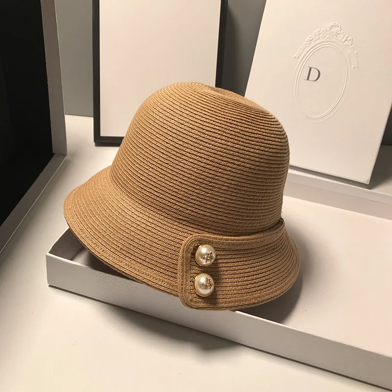 

Summer Sunshade French Style Big Eaves Dome Straw Hat Pearl Fashion Casual Women Basin Hat Sunscreen Beach Hat Fisherman Hat