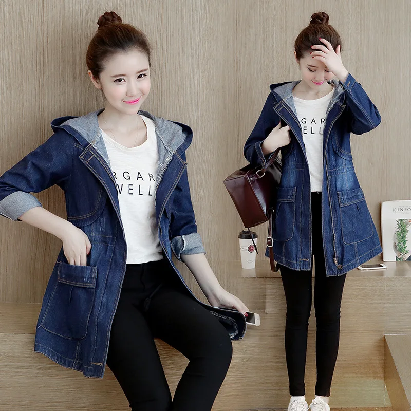 

Plus Size Jeans Jacket Autumn Winter Coat Slim Denim Coats Vintage Female Cowboy Hooded Loose Women's Student Female Jackets
