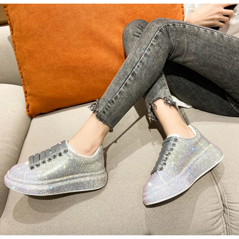 

Flat Platform Women Single Shoes Round Toe Gradient Rhinestones Shallow Sneakers Office Lady Height Increasing Girl Shoes