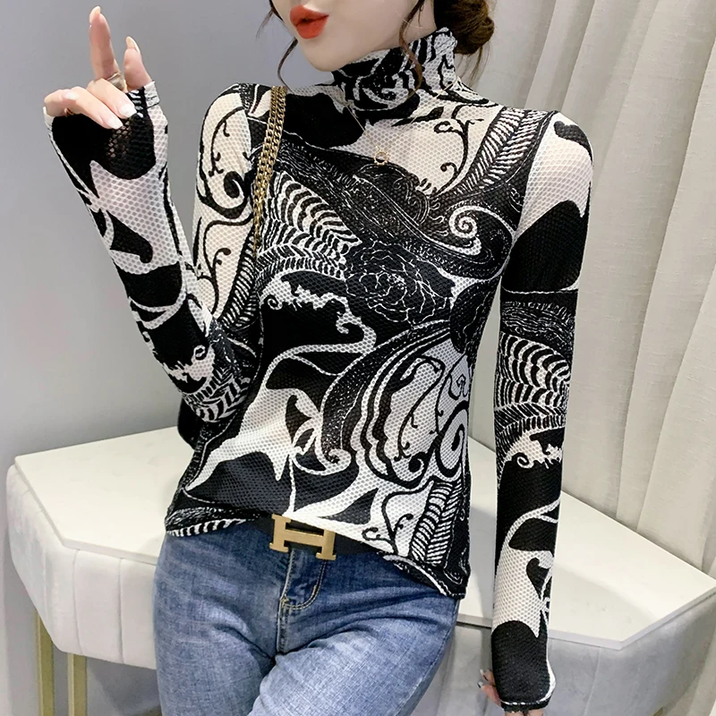 

Chikichi 2021 Spring and Autumn New Fashion and Elegant High-neck Mesh Long-sleeved T-shirt Bottoming Small Shirt Top Women