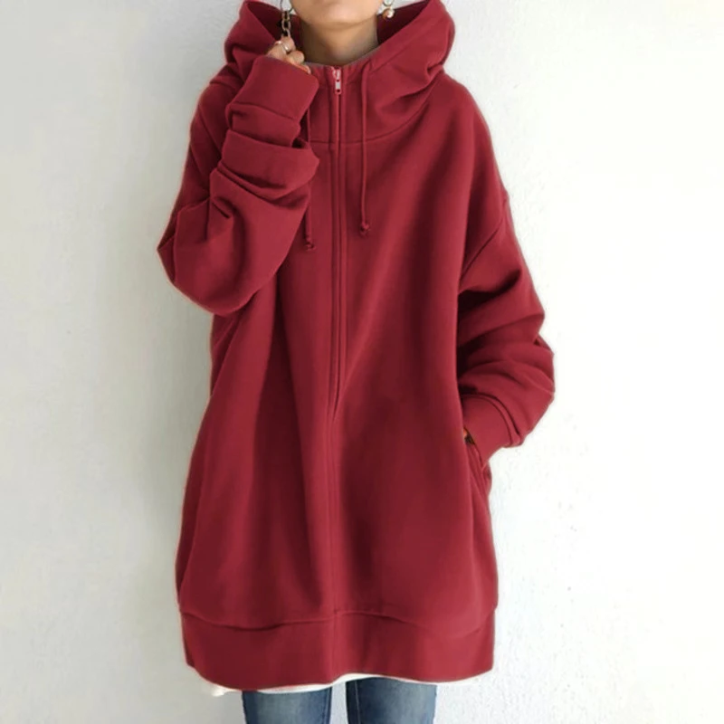 

Winter Warm Classic Red Oversized Hoodie Women Casual Zip-up Hoodies Women Long Sleeve Sweatshirt Drawstring Baggy Coat Jacket