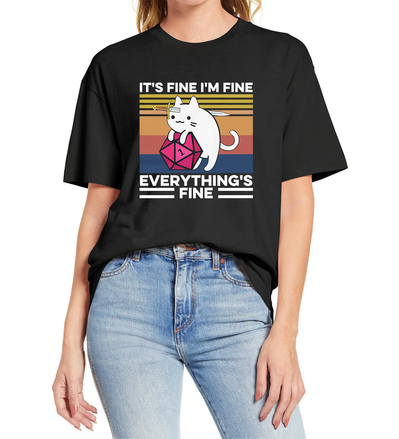 

100% Cotton Tops It's Fine I'm Fine Everything is Fine Cat with Knife Hug Dungeon Funny Women's T Shirt Unisex Shirt