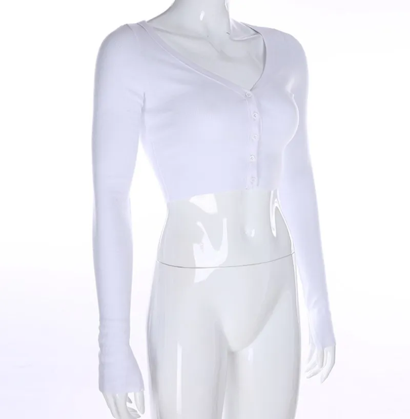 

New Sexy Long Sleeves V-Neck Bodycon Button Crop Top T-Shirt