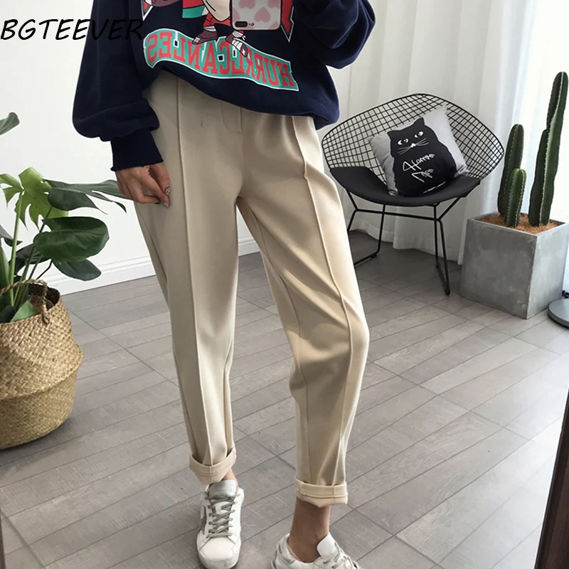 apricot BGTEEVER зимние утепленные женские брюки-карандаш размера плюс, шерстяные женские брюки, осень, свободные брюки Капри с высокой талией, хорошая ткань - Цвет: apricot