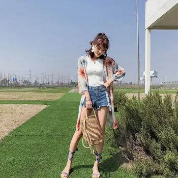 Summer Women's Floral Blouse Long Chiffon Cardigan Boho Beach Shirt Ladies Loose Tops 1