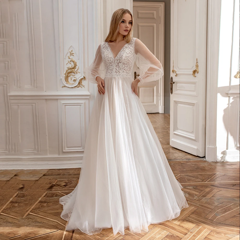 

Princess Wedding Dress 2021 A-Line Robe De Mariee V-Neck Appliques Lace Tulle Long Sleeve Plus Size Custom Made Bridal Gowns