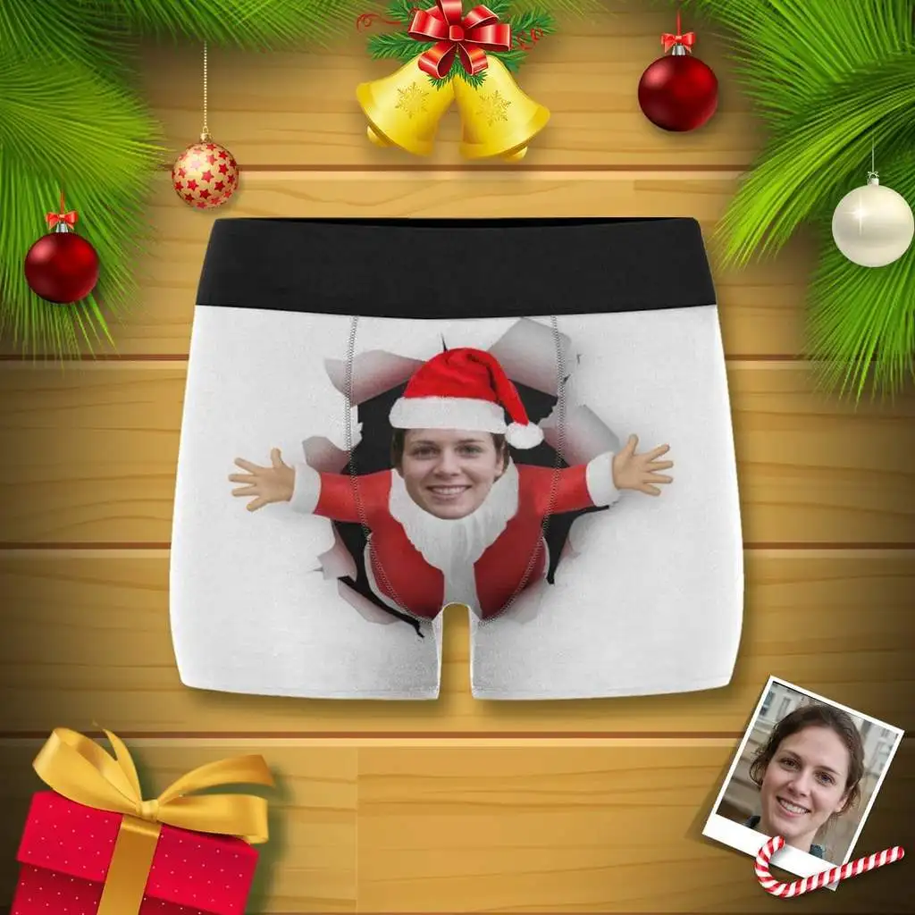 

Custom Photo Face Santa Holes White Couple Underwear Male Boxer Female Briefs Men Women Thong Undies Unique Design Sweet Gifts