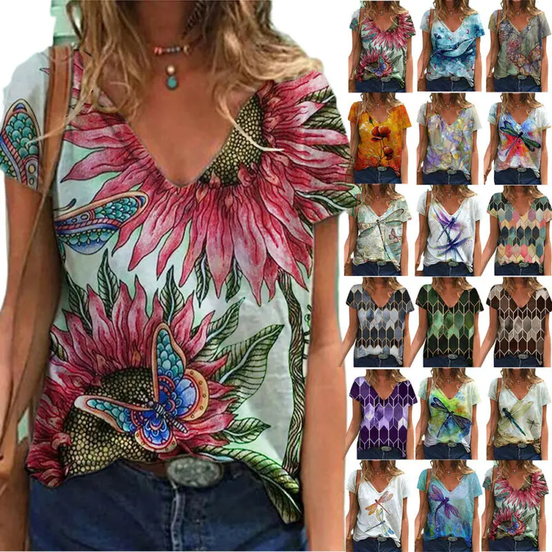 

Women Printed Short Sleeve V-Neck T-shirt Ladies Summer Holiday Casual Top Tee