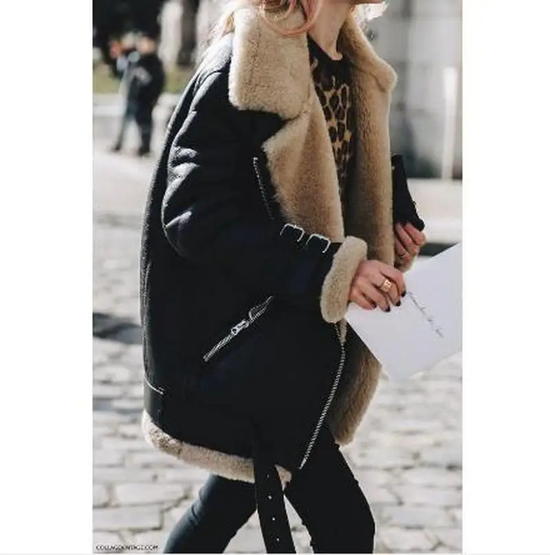 Women Faux Fur Fleece Winter Coat Outwear Warm Lapel Biker Motor Aviator Jacket Lady Deer Leather Velvet Lamb Cotton Coat Jacket