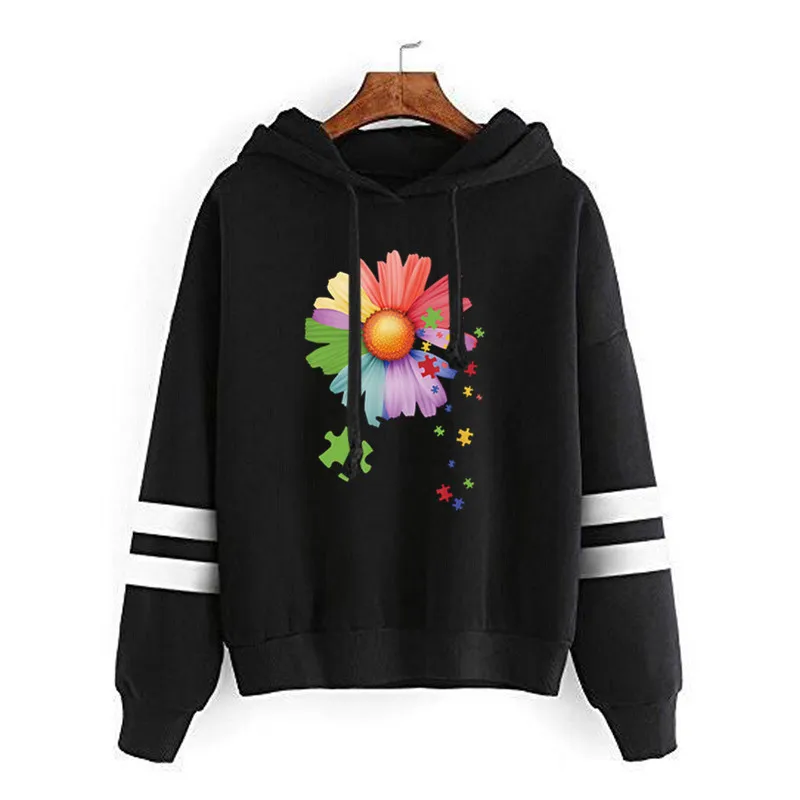 

Sunflower Puzzle Printed Hoodies Women Double Striped Long Sleeve Fleece Sweatshirt with Hat Girls Pullovers Women Hoodie