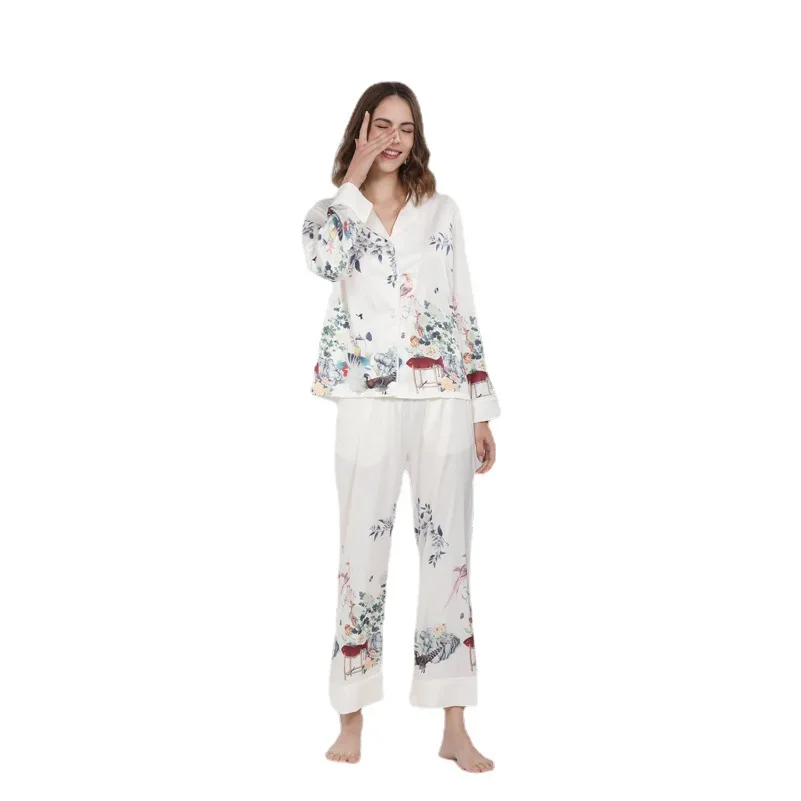 Maison Gabrielle Chinoirie Floral and Bird Printed Pajamas Set Loungewear Sleepwear for Women 2 Pieces Long Sleeve Silk Satin