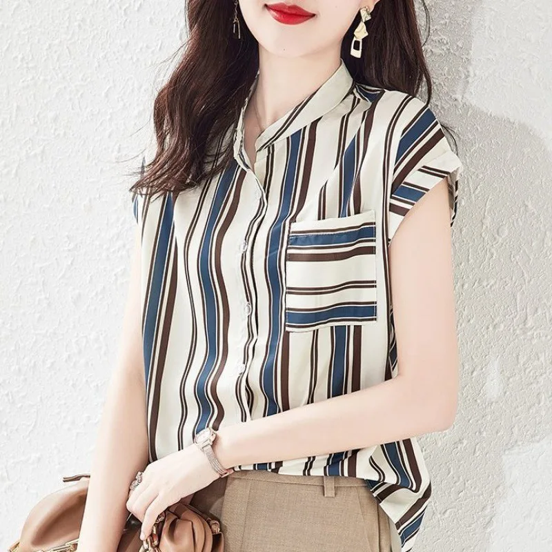 Short-sleeved chiffon shirt women Korean summer dress new style striped shirt summer t blouse  streetwear women top