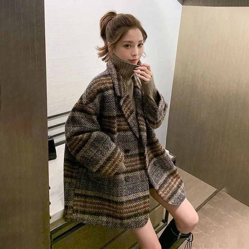 

Women's Mid-length Cotton Plaid Woolen Coat 2021 Autumn Winter Fashion Korean Loose British Style Elegant Woolen Padded Jacket