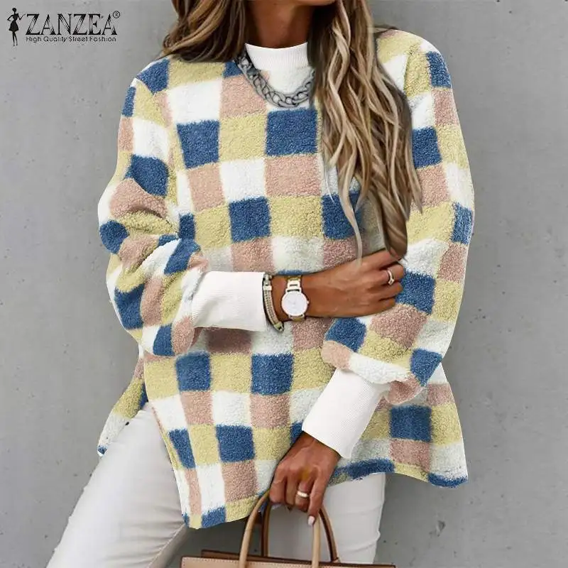 

ZANZEA Осень Зима теплые флисовые кофты 2022 женские толстовки повседневные клетчатые пуловеры оверсайз Повседневный Топ с длинным рукавом и кр...