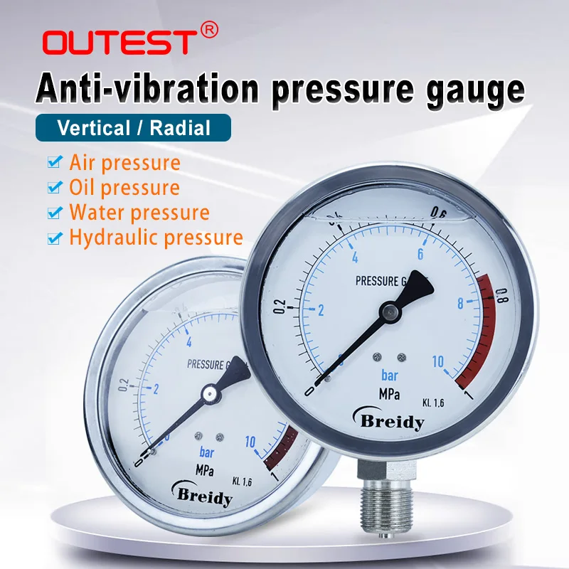 OUTEST 0-60mpa Radial Anti-vibration Hydraulic Water Diameter 60mm Pressure Gauge Oil Air Stainless Steel Manometer
