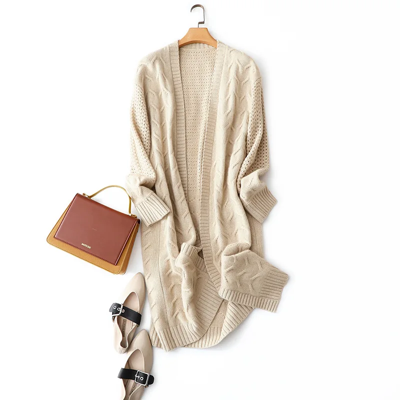 

Ажурные длинные женские вязаные кардиганы с V-образным вырезом 100% кашемировые теплые свитера для женщин дизайнерские женские топы 2019 высок...