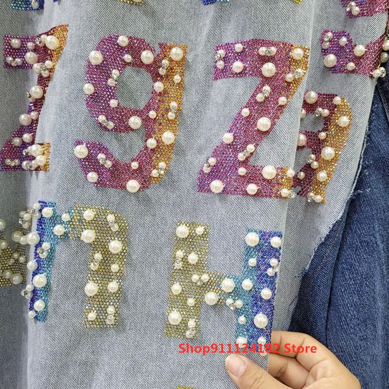 

European Goods Trendy Brand Denim Women's Spring Heavy Industry Beaded Hot Diamond Contrast Stitching Large Size Cardigan Jacket