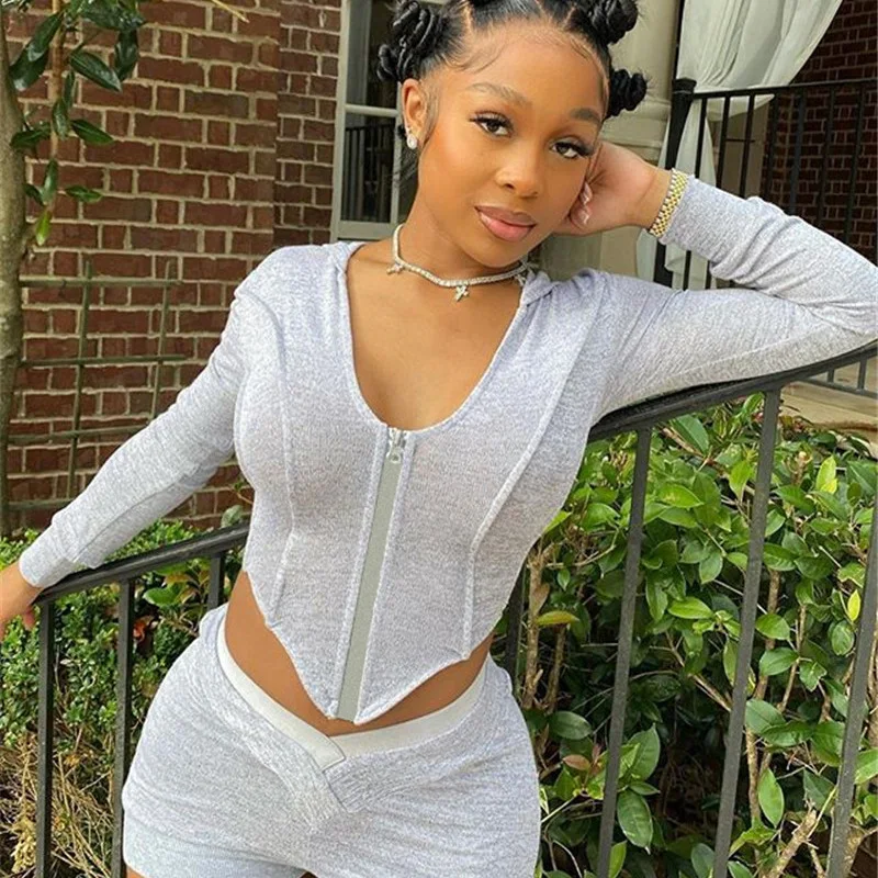 Женская одежда для отдыха Set2021 Осенний укороченный Топ с длинным рукавом и шорты