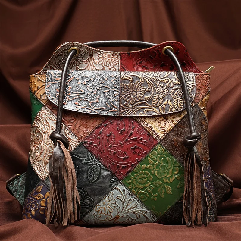 

Новинка 2020, кожаный женский рюкзак, модная крутая женская сумка, большой объем, многофункциональный рюкзак с кисточками и тиснением, один shou...